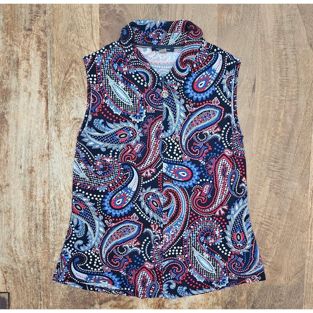 Tommy Hilfiger Sleeveless Polo Shirt Womens M Blue Red Paisley Knit Blouse Top